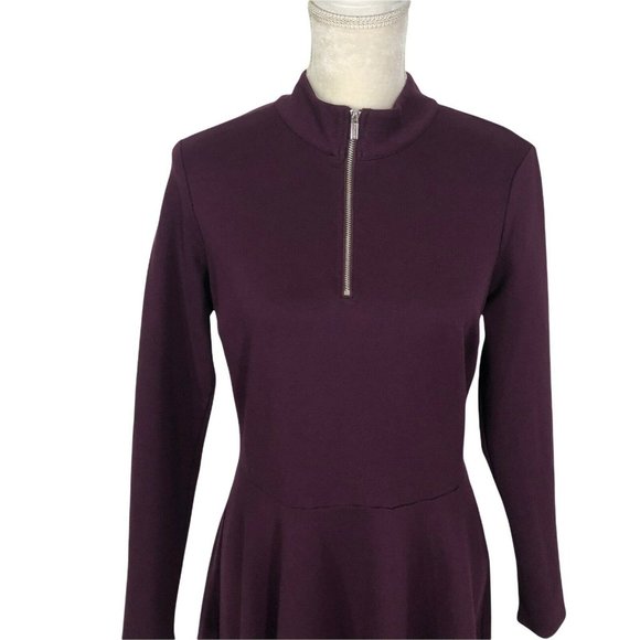 T Tahari Womens 12 Large Mock Neck Long Sleeves Fit & Flare Dress Purple Ponte - Picture 2 of 12
